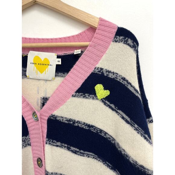 Kerri Rosenthal 100% Cashmere Mixed Stripe Colorful Heart Boxy V-Neck CardiganXS - Picture 5 of 9